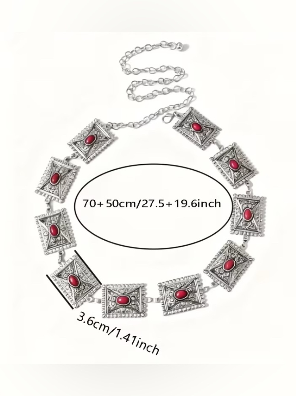 WESTERN Square Concho with Red Stones Chain Belt